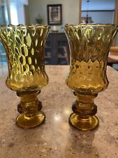 Vtg Pair Of Amber Optic Pattern  Candle Stick Votive Taper Holders  Use 2 Ways picture