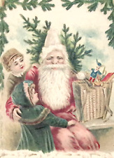 Children Visit Rose Suit Santa Woven Basket Old World GERMANY Christmas Postcard picture