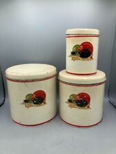 Set of 3 Vintage 1930's Metal Kitchen Canisters Teapot Cup Saucer Plate Pattern picture