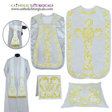 WHITE Roman Chasuble Fiddleback Vestment & 5 pcs mass set IHS embroidery, FELT picture