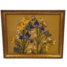 Vintage 70s Crewel Embroidery Floral Flowers Bee Ornate Gold Framed Wall Art picture