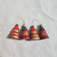 Vintage Wooden Bell Christmas Ornaments Red Green Gold Painted Taiwan Set of 4 picture
