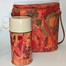 1969 Thermos Floral Orange Vinyl Lunchbox Brunch Bag W Original Matching Thermos picture