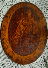 Antique Flemish Art Equestian Horse Oval Woodburning w/bridle 17