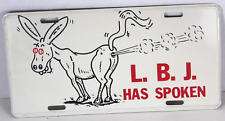 Vtg 1960s LBJ Has Spoken Flatulating Donkey License Plate Farting Tag Politics picture