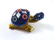 Vintage Miniature Turtle Figure Beaded Mosaic Royal Blue Gold Enamel On Resin picture