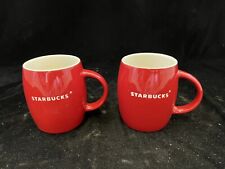 (2) Starbucks 2011 Red Barrel Shaped Mugs White Etched Logo Coffee Tea Cup 14 oz picture