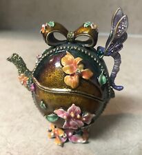 Bejeweled enameled metal trinket box teapot oval dragonfly flowers rhinestones picture