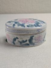VTG Chinese Asian Trinket Box Blue Pink Green Hand Painted Details with Lid Porc picture