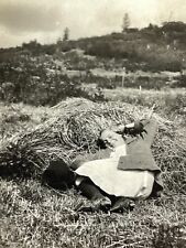 N7 Photograph Pretty Farm Country Woman Laying On Hay Pile Rolling In Hay 1920's picture