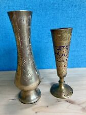 Vintage Solid Brass Bud Vases (2) India Etched Floral Design picture