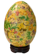 Porcelain Easter Egg Bunnies Chicks Floral Yellow On Stand Large Decoupage picture