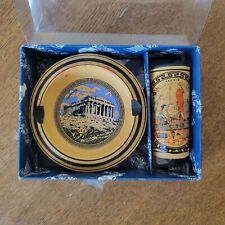 Greece Ashtray Set With Lighter Holder Handmade Painted Greek Blue Round  picture