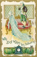 Victorian Couple On Couch Halloween Postcard~Antique~Green JOL's~Clock~c1909 picture