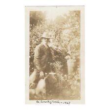 Vintage Snapshot Photo Three People Hiking On A Trail Woman Hidden By Bush 1927 picture
