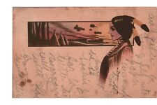 Postcard Beautiful Native American Woman Portrait Looking over Tepees c1907-1915 picture