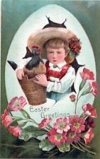 EASTER - Girl With Chicken In Basket In Egg Easter Greetings PFB Postcard - 1909 picture