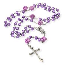 Catholic Purple Pearl Beads Rosary Necklace Rose Lourdes Medal Cross picture