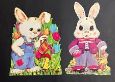 Lot Vintage Easter Die Cut Cutout Decorations 2 Bunnies Overalls Suit picture