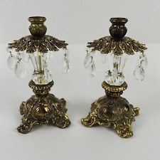 VTG 2 Brass & Crystal Candle Holders Hollywood Regency Style Ornate 10in  MCM picture