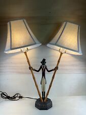 Monkey Bellhop Bamboo Solid Metal Lamp W/ New Beige Bell Shades & LED Bulbs picture