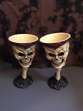 Set Of 2 Vtg Halloween Skeleton Skull Plastic Spooky Scary Goblets Glasses Cups picture