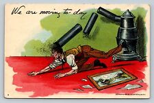 c1907 Man Hit w/ Fireplace Vent Pipe, We Are Moving Today ANTIQUE Postcard picture