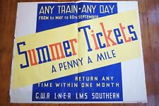 1930s Summer Tickets GWR SR LNER LMS Original Railway Quad Travel Poster picture