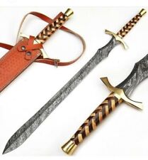 Custom Handmade Damascus Steel Viking Sword With Wooden Handle And Brass Guard picture