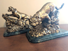 Heavy Brass Sculptured Ferocious Crouching Tiger Bookends w/Green Marble Base picture
