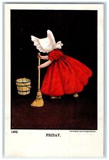 c1910's Friday Girl Dress Red Bonnet Broom And Bucket Ullman Antique Postcard picture