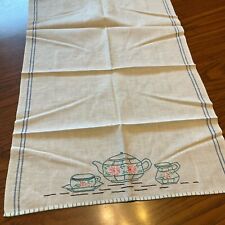 Vintage Linen Embroidered Teapot Cups  Kitchen Dish Tea towel picture