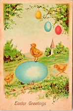 Easter Greetings  3 Chicks With Pastel Eggs Scenic Church WOB   (Z384) picture