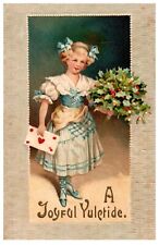 Beautiful Girl German Joyful Yuletide Embossed Christmas Antique Postcard c.1910 picture