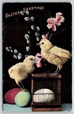 Holiday~Easter Greetings~Chicks & Egg In Cage W/ Flowers & Pussy Willow~Postcard picture