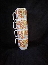 S/4 Retro Stackable Coffee Mugs 1970s Style Pattern Daisys Floral Orange&White picture