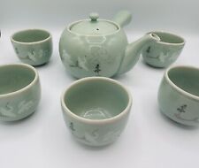 Vintage Handmade Six-Piece Korean Celadon Tea Set with Clouds & Cranes design picture