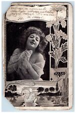 c1905 Pretty Woman Poinsettia Flowers Swan Art Nouveau Posted Antique Postcard picture