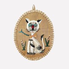 Vintage Mid Century MCM Raffia Palm Woven KITTY CAT Wall Hanging Art Blue Eyes picture