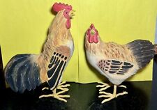 Vintage Hand Carved Hand Painted Wood Rooster & Hen Metal Feet Rustic Folk Art picture