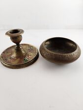 Vintage Collection of Brass Enameled Candle Holders/Trinket Dishes Lot of 3 picture
