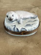Limoges France Peint Main Porcelain Trinket Box Baby Seal on Ice picture