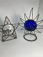 Vintage Thick Glass Candle Holders Moon & Sun Brushed Wire Well Made Sturdy Big  picture