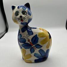 Original Turov Ceramic Blue Yellow White Cat with Butterflies Signed picture