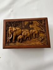 Wood Trinket Hinged Box Munag Mang Thailand Carved Elephants Jungle Scene picture