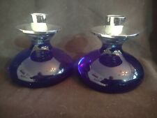 Pair of Vintage Cobalt Blue and Chrome Candlestick Holders 3 ½” picture