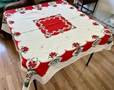 Vintage 60s Christmas Tablecloth Square Red Green White 48” x 50”  Stains picture