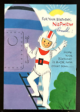 Vtg 60s Birthday Astronaut Spaceship Blast Cut Out Pop Up Window Greeting Card picture