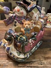 Gibson Christmas Holiday Snowman Sleigh Treat/Cookie Jar Pastel Glossy Mint picture