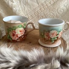 2 Vintage His & Hers hand painted peach green floral shabby ceramic mugs picture